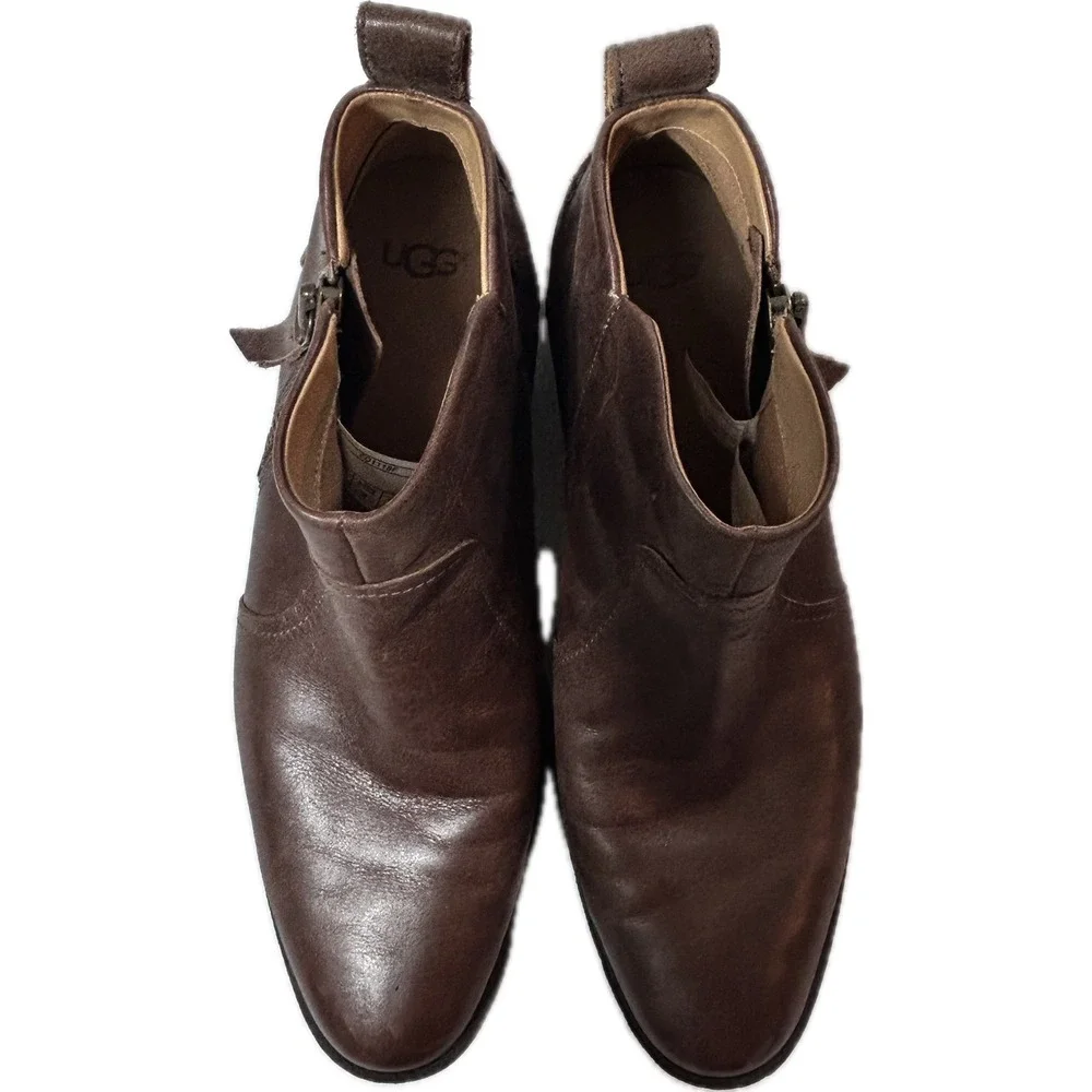 UGG Aureo 1098314 Women's 10 Brown Leather Side Zip Ankle Boots Booties